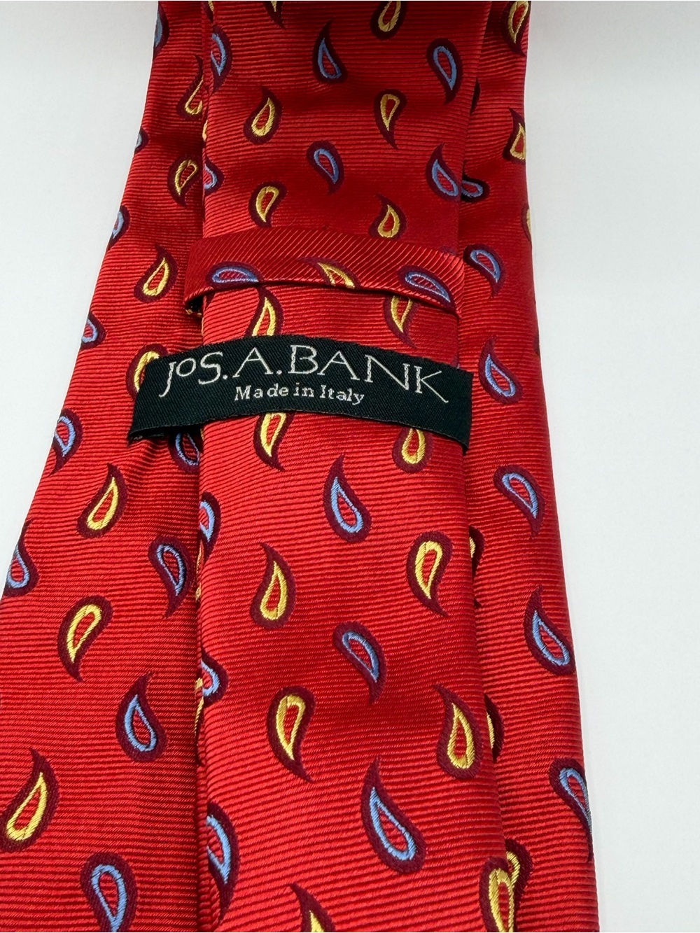 Jos. A. Bank Red Paisley Silk Tie with Yellow and Blue Accents